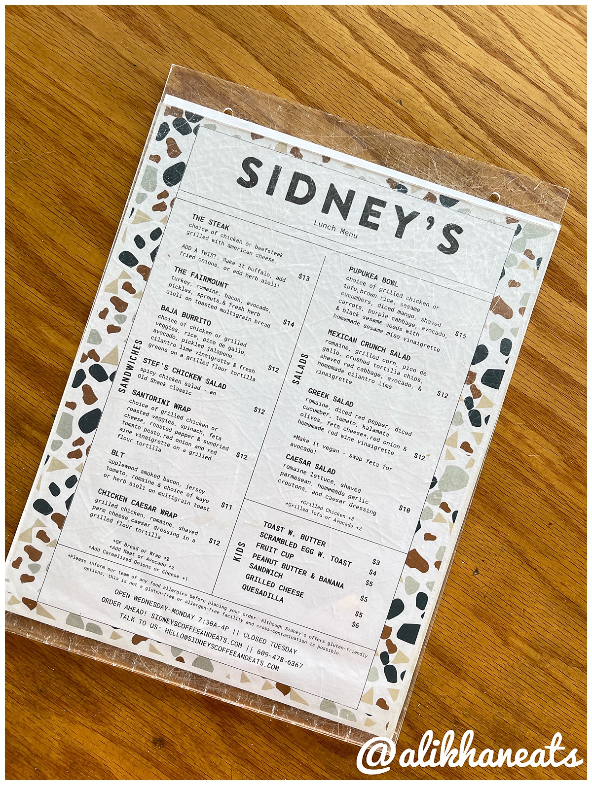 Sidney’s Coffee & Eats menu